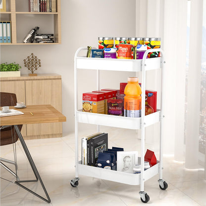 PNVXNUS 3-Tier Rolling Metal Storage Cart with Wheels, Multi-Functional Organizer for Office, Kitchen, Bathroom, Books Diapers - Easy Assembly (White)