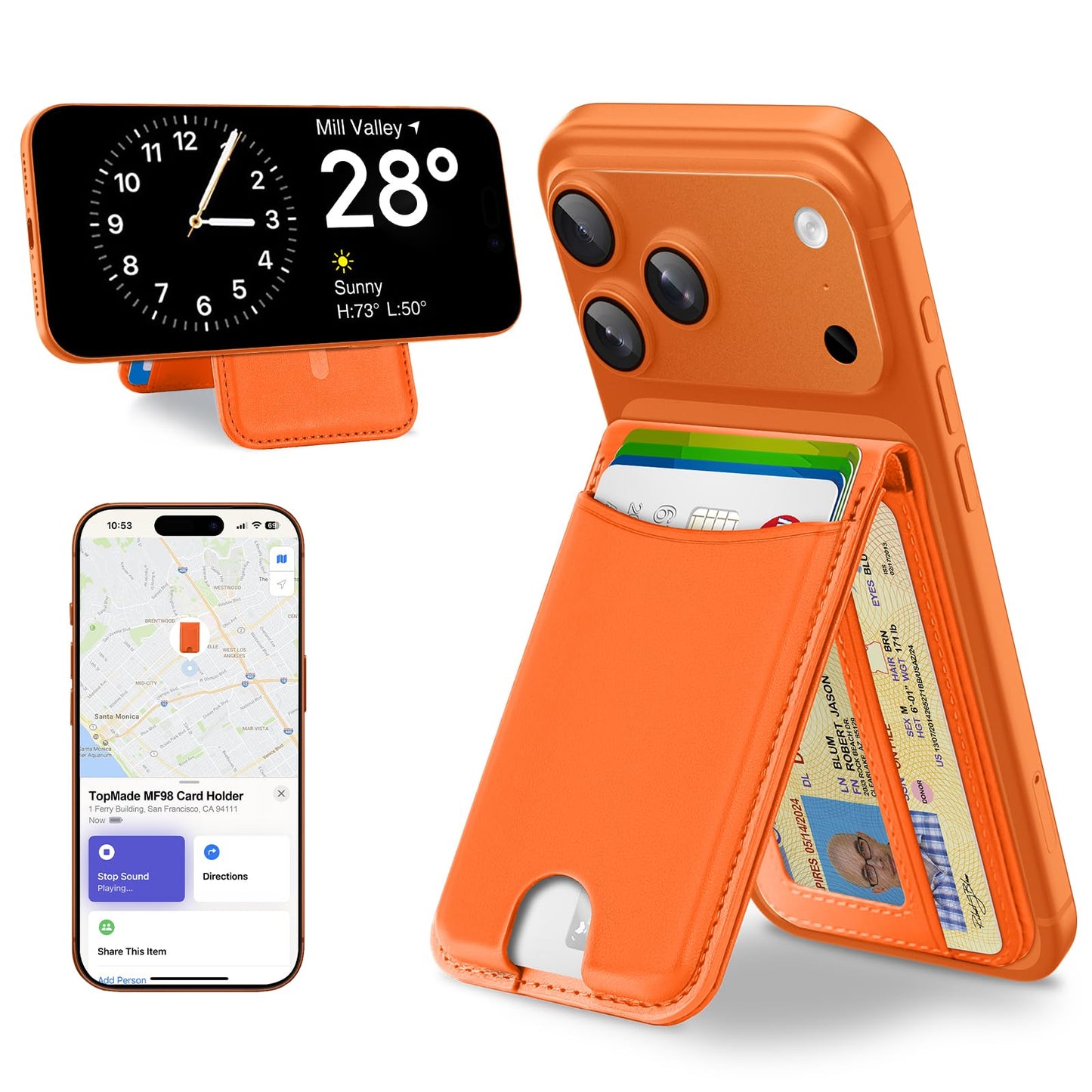 TopMade for MagSafe Wallet, Works with Apple Find My, Strongest Magnetic Wallet with Stand, 6 Card Holder, RFID Blocking, Magnetic Card Holder for iPhone 17/16/15/14/13/12 Series, Rechargeable,Orange