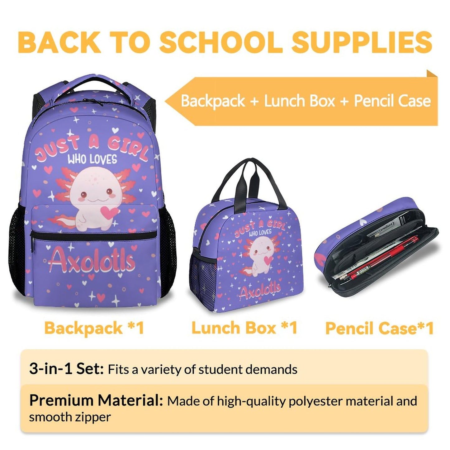 PAKKITOP Girls Backpack with Matching Lunch Box - Axolotl Backpacks with Lunch Bag Pencil Case Combo for Kids - Cute Purple Bookbag and Pencil Case Bundle - Cartoon School Supplies