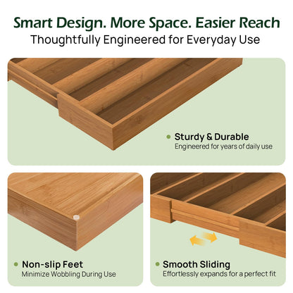 Carbonized Bamboo Kitchen Drawer Organizer, 8 Slots Silverware Organizer, Utensil Holder & Cutlery Tray, 2.2" Deep for Extra Capacity, Non-Slip Feet Included