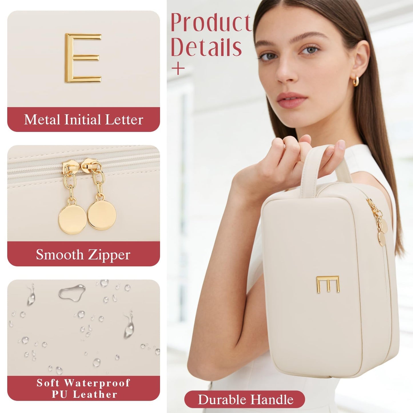 CLOUDWINGS Personalized Gifts for Women Girls - Customized Gifts for Mom Bridesmaid Graduation Friend, Initial Makeup Bag Cosmetic Bag with Large Capacity, PU leather Travel Toiletry Bags (Beige, E)