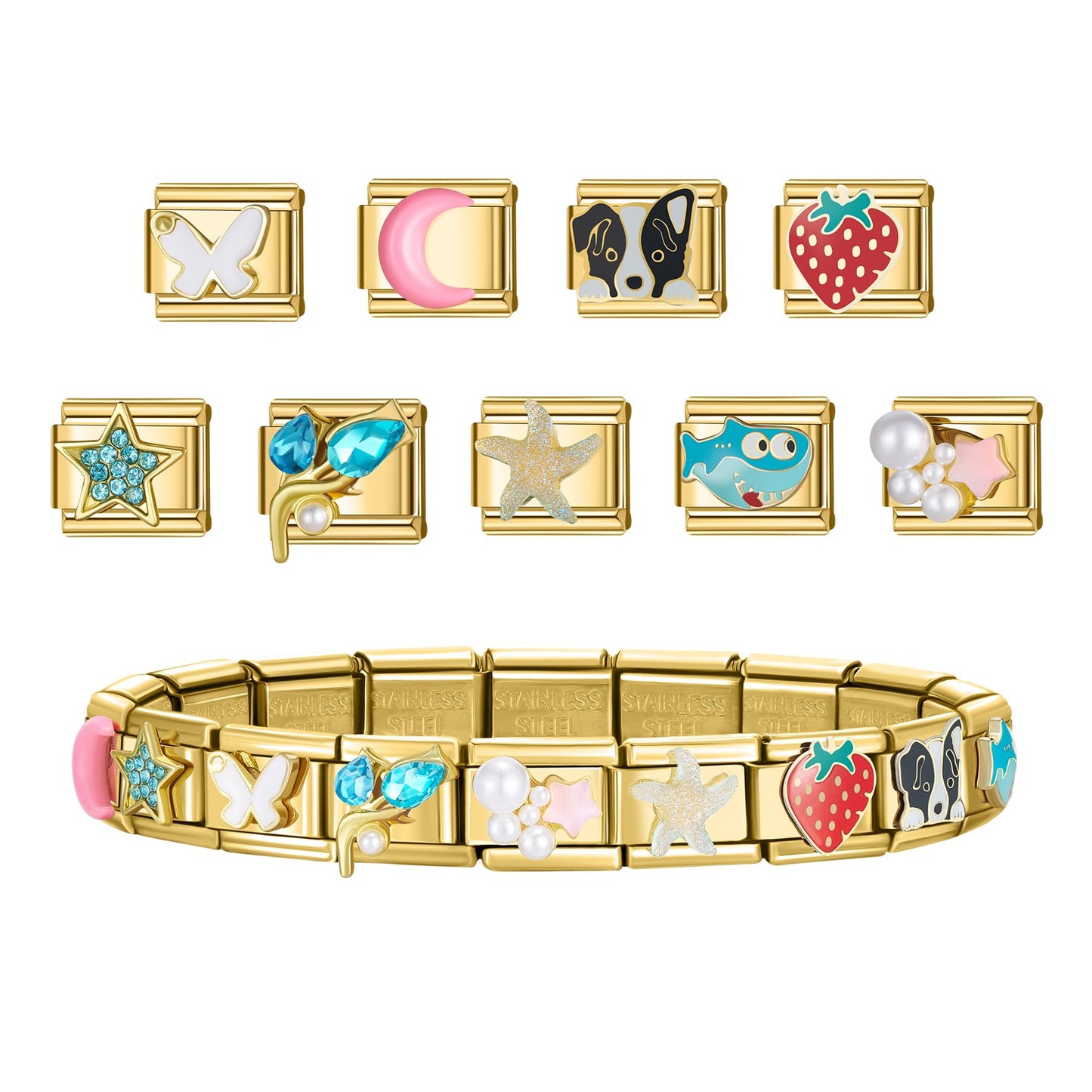 SWEETV Stainless Steel 18 Link Polish Italian Charm Bracelet with 1Pcs Starter Brascelet, 20Pcs Charms and Opening Tools, Classic 9mm Modular Charm, Personalized Jewelry Gift, E-Gold 20pcs charms