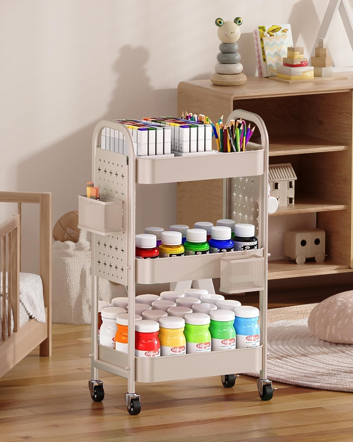 ALVOROG 3 Tier Rolling Cart with DIY Pegboards Metal Utility Cart with Wheels Handles Baskets Hooks, Craft Cart for Office Kitchen Bathroom(Khaki)