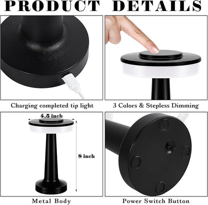 VIHOSE 12 Pcs Black Cordless Table Lamps LED Portable Rechargeable Table Lamp with Touch Sensor 3 Color Dimming up to 15 Hours Battery Desk Light for Restaurant Nursery Living Room