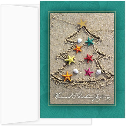 Masterpiece Sand Tree Cards / 16 Christmas Holiday Cards Set With Gold Foil And White Envelopes / 5 5/8" x 7 7/8" Winter Warm Wishes Greeting Cards With Meaningful Inside Verse