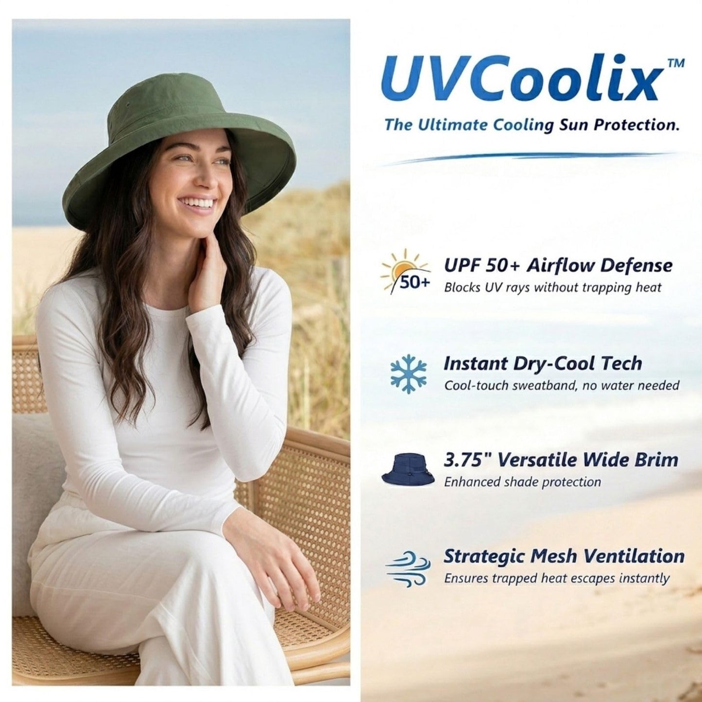 TOP-EX UVCoolix™ Cooling Sun Hat Women Ponytail Hole UPF 50+ Wide Brim Water Resistant Breathable Packable Hiking Beach (US, Alpha, Small, Medium, Green)