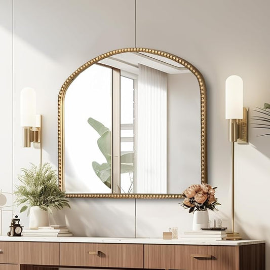 Arched Antique Gold Bathroom Mirror Baroque Metal Beaded Frame Wall Mirrors Decorative Wall Mirrors for Vanity Bedroom Entryway