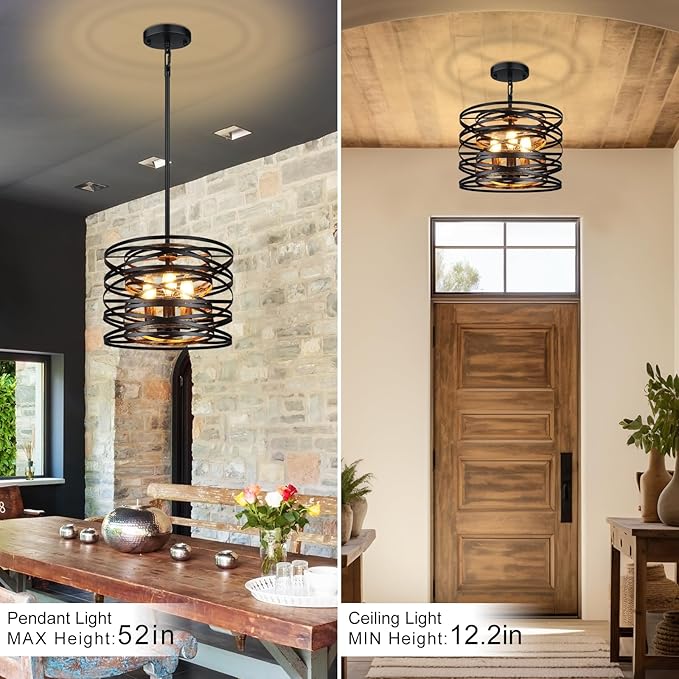 3-Light Farmhouse Black Chandelier for Dining Room Lighting Fixtures, 12.6'' Rustic Drum Ceiling Hanging Pendant Light for Foyer Entryway Kitchen Bedroom, Black with Wood-Grain Metal Interior