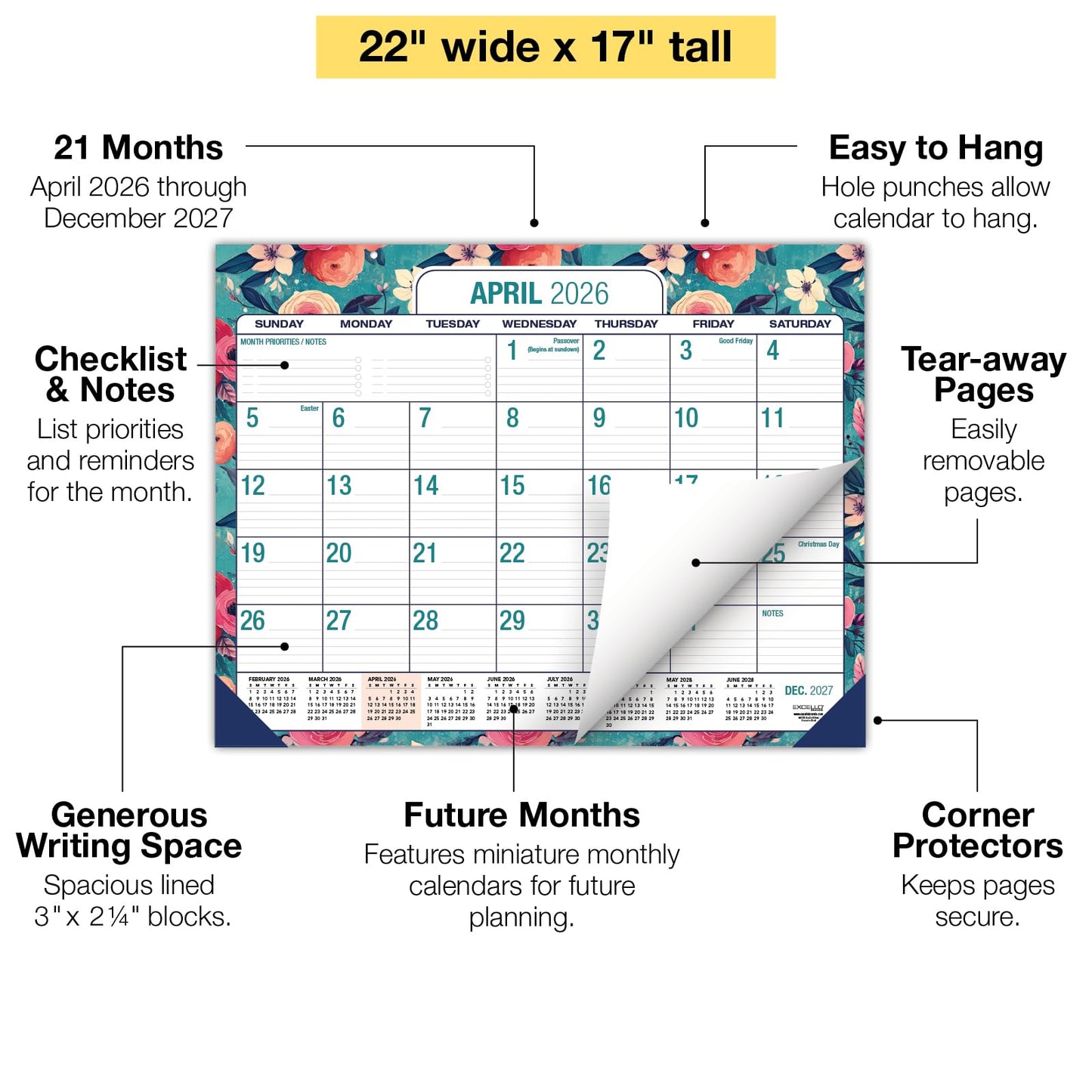 Desk PAD: 22" x 17" Large Print Desk Pad Calendar, APR 2026 - DEC 2027, 21 Months, (Teal Floral)