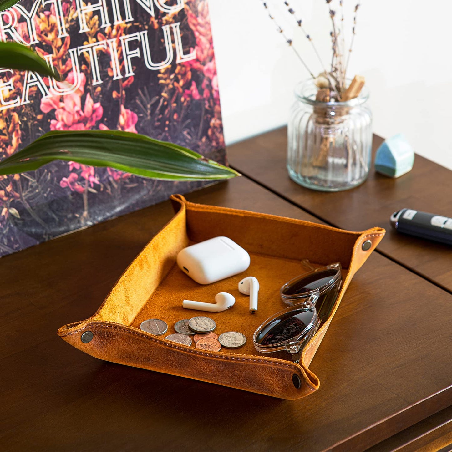 Londo Genuine Leather Tray Organizer - Practical Lightweight Water Resistant Computer Table Desk Storage Box for Wallets, Watches, Keys, Coins, Cell Phones and Office Equipment