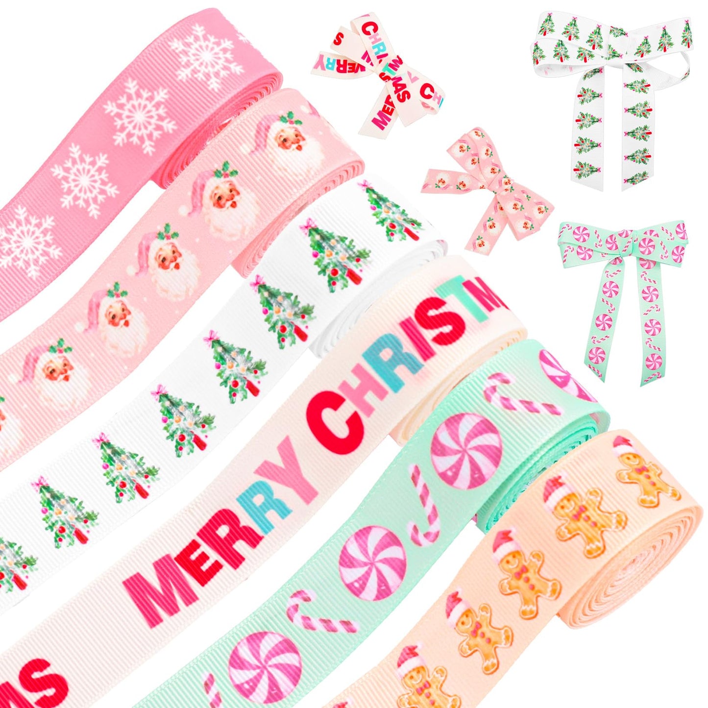 JarThenaAMCS 6 Rolls Christmas Grosgrain Ribbon 7/8" Pastel Pink Green Xmas Tree Candy Snowflake Santa Gingerbread Man Fabric Craft Ribbons for Bow Gift Wrap Holiday Birthday Party Decor, 30 Yards