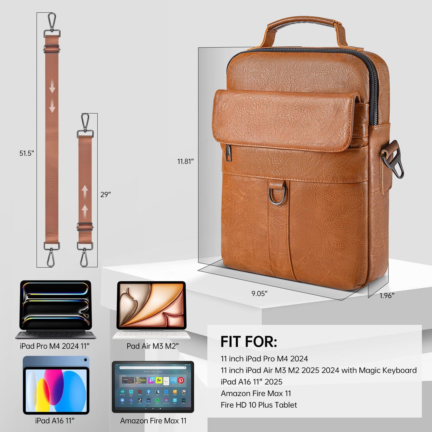 11 Inch Tablet Shoulder Bag Leather Carrying Case for 11 inch iPad A16, iPad Pro 11" M5 M4/ iPads Air 11" M4 M3 M2 2026 2025 with Magic Keyboard, Vertical Laptop Sleeve Messenger Computer Bag, Brown