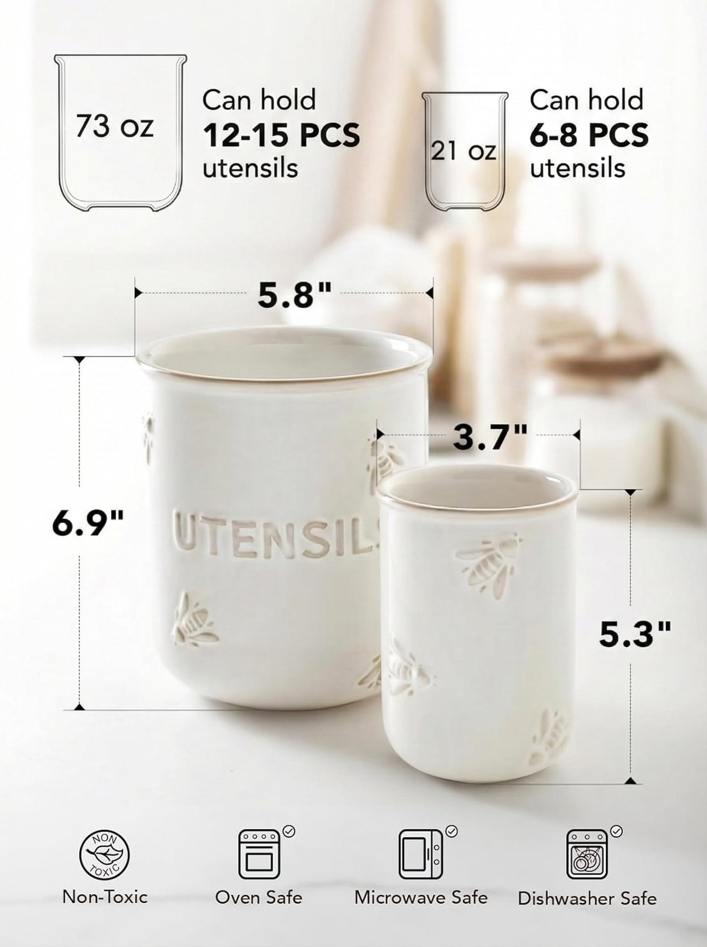 LE TAUCI Kitchen Utensil Holder Set of 2 - 6.9"+5.3" Large Ceramic Cooking Utensil Crock & Organizer for Spatula, Spoon, Whisk - Farmhouse Countertop Storage, Arctic White, Embossed, Bee