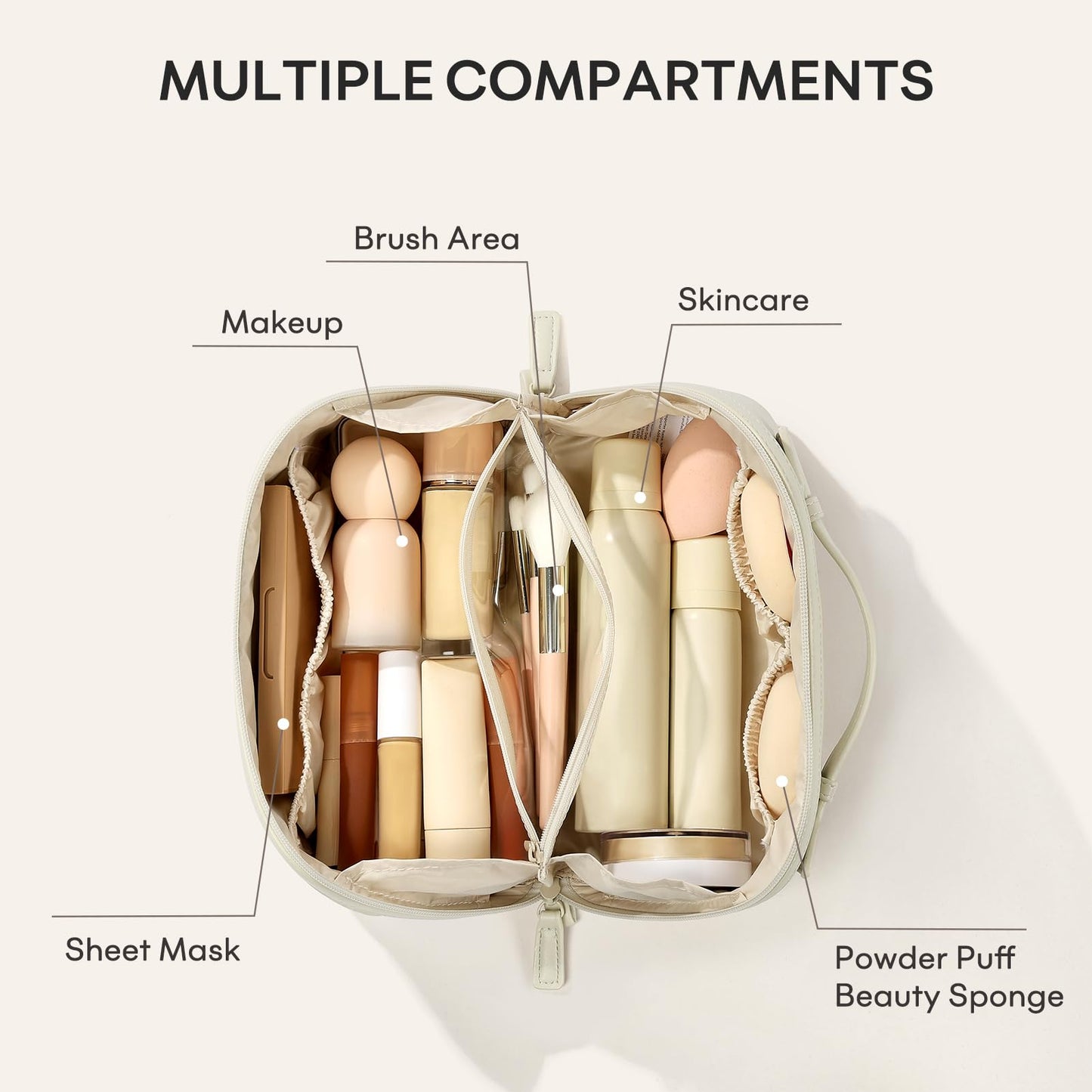 mibasies Travel Makeup Bag for Women, Large Capacity Waterproof PU Leather Flat Open Cosmetic Bag, Portable Toiletry Bag for Business Trip & Daily Use