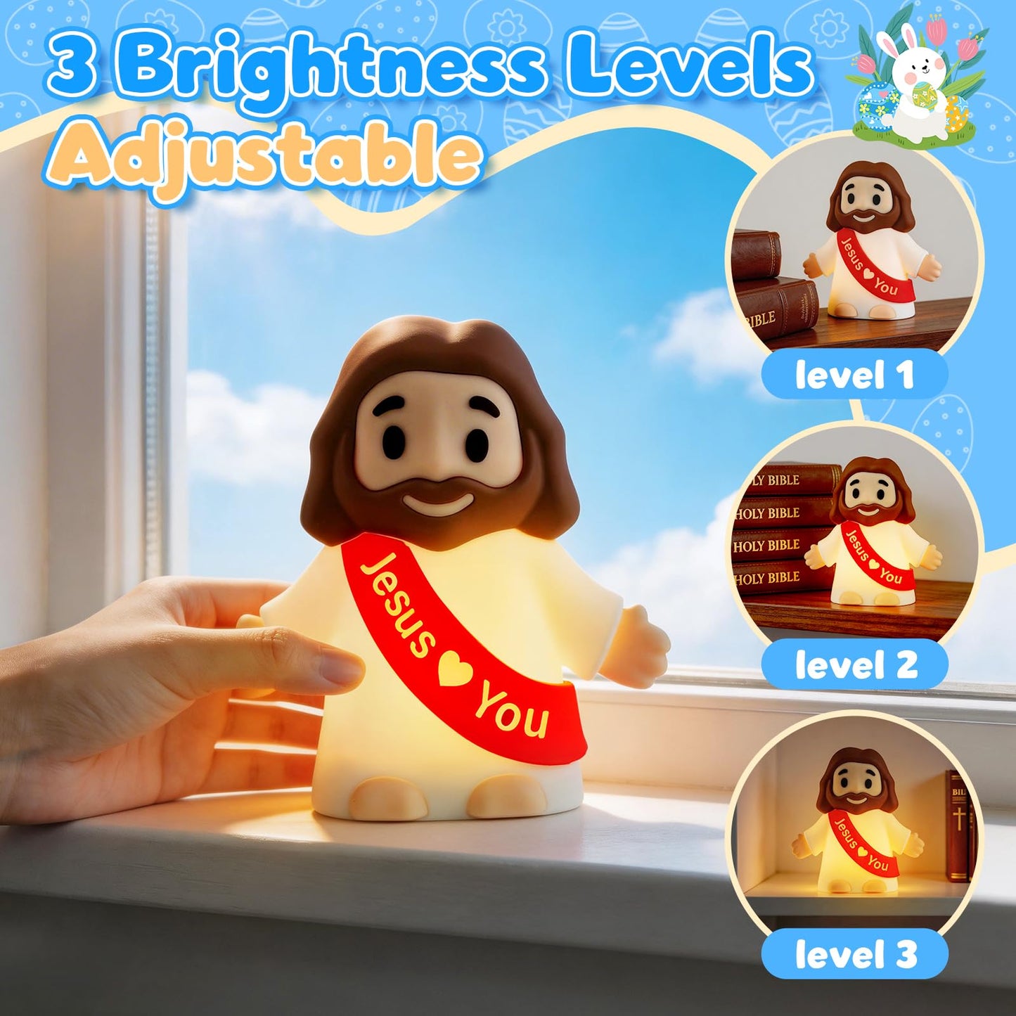 GZJQW Jesus Night Light, Jesus Love You Night Light for Kids, 3-Speed Adjustable Silicone Touch Control Nightlight, Table Lamp for Bedroom, Desktop, Jesus Decor, Easter Decorations, Baptism Presents