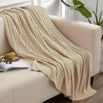 NTBAY 100% Pure Cotton Oversize (60x80) Cable Knit Throw Blanket, Super Soft Warm Knitted Throw Blanket for Bed, Sofa, Chair, Couch - Extra Cozy, Machine Washable, Comfortable Home Decor, Khaki