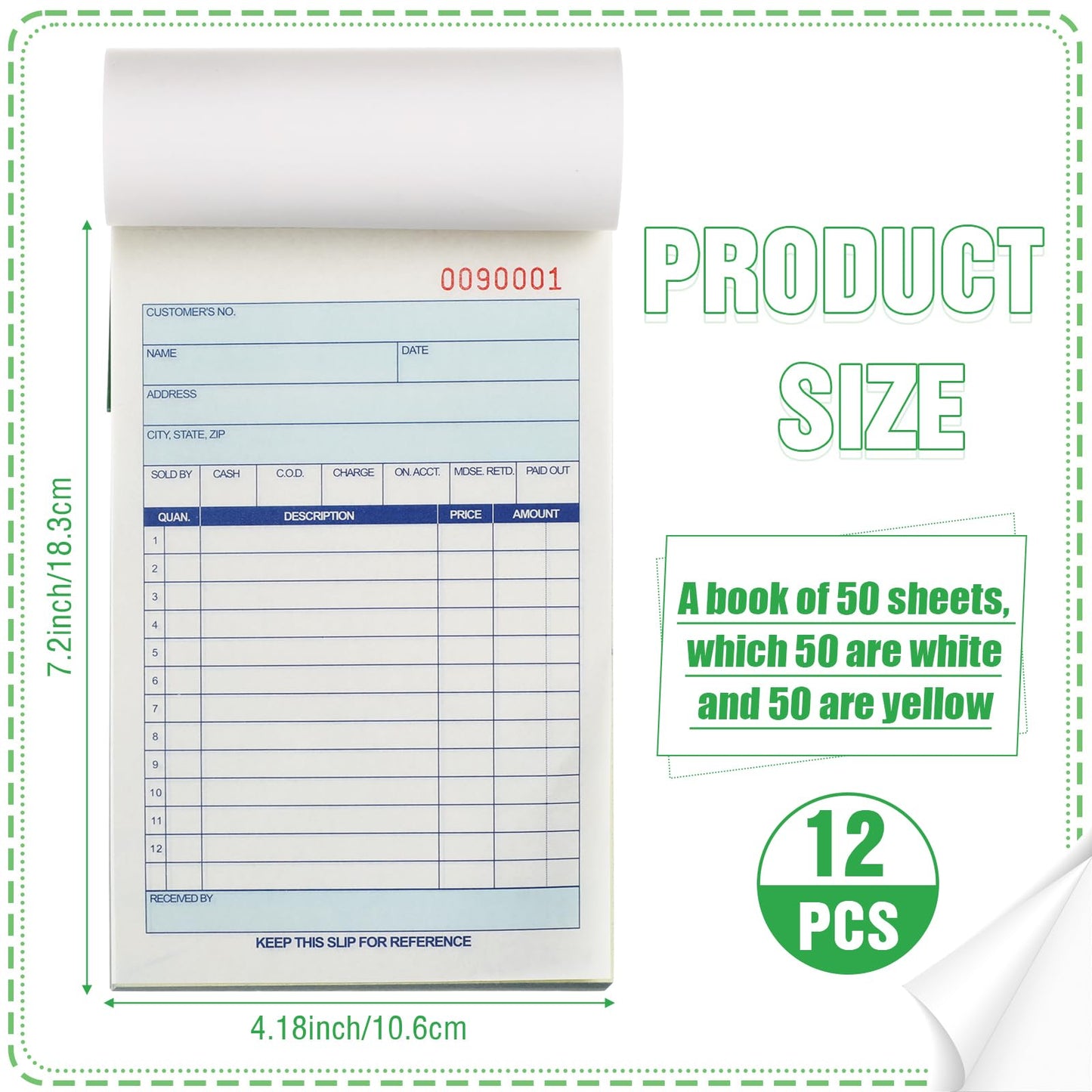 Lincia 12 Pads Sales Order Books 2 Part Carbonless (White/Canary Yellow) Receipt with Carbon Copies Cover Receipt Form Invoice 50 Sets Per Book (4.18 x 7.2 Inch/ 10.6 x 18.3 Cm)