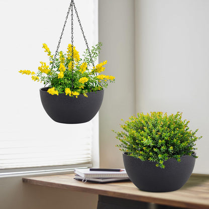 Meowell 8 inch Small Hanging Planters Plant Pots for Indoor Outdoor Plants, 2 Pack Hanging Flower Pots with Drainage Holes and Chain for Garden Porch, Plastic Hanging Baskets for House Plants, Black