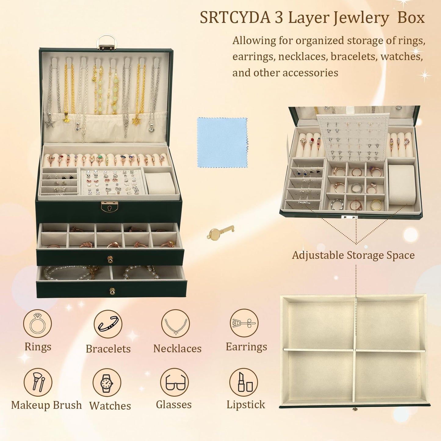SRYTCYDA SRTCYDA Jewelry Box for Women, Large PU Leather Jewelry Organizers and Storage with Lock and Key, 3-Layer Dresser Top Jewelry Box for Holds Necklace, Earring, Ring, Bracelet, Watch (Green)