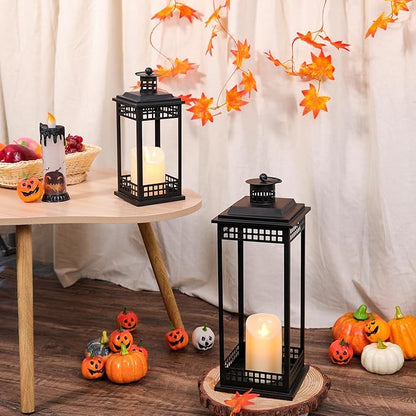 Vintage Lanterns Decorative Indoor, 17'' 11'' Set of 2 Black Candle Lantern Decor, Lanterns Decorative for Retro Living Room, Mantel, Patio, Porch, Garden, Balcony, Wedding Tabletop Lantern