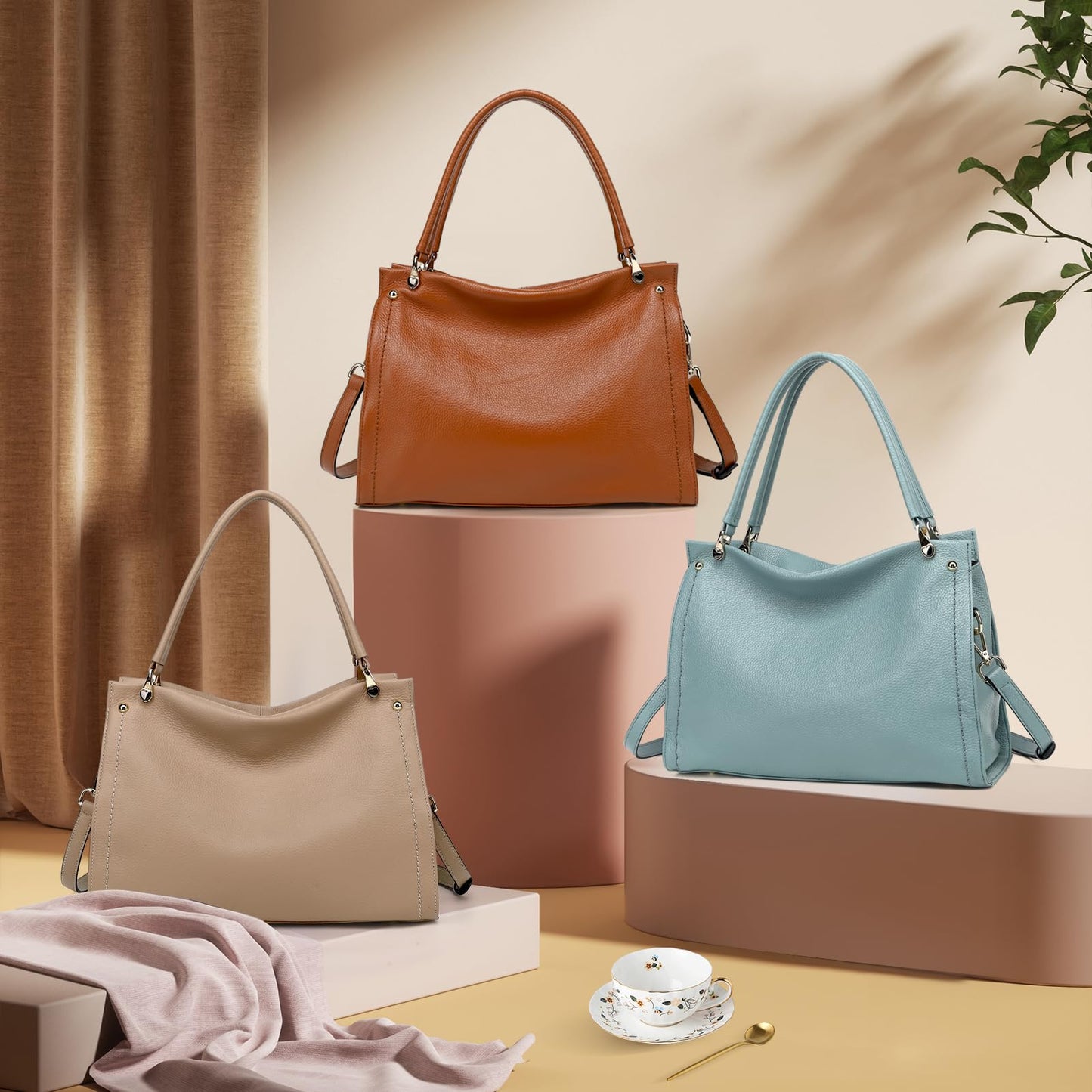 KOGTLA Medium Genuine Leather Tote Handbags for Women, Ladies Soft Satchel Shoulder Purses, Two-Handle Hobo Bags