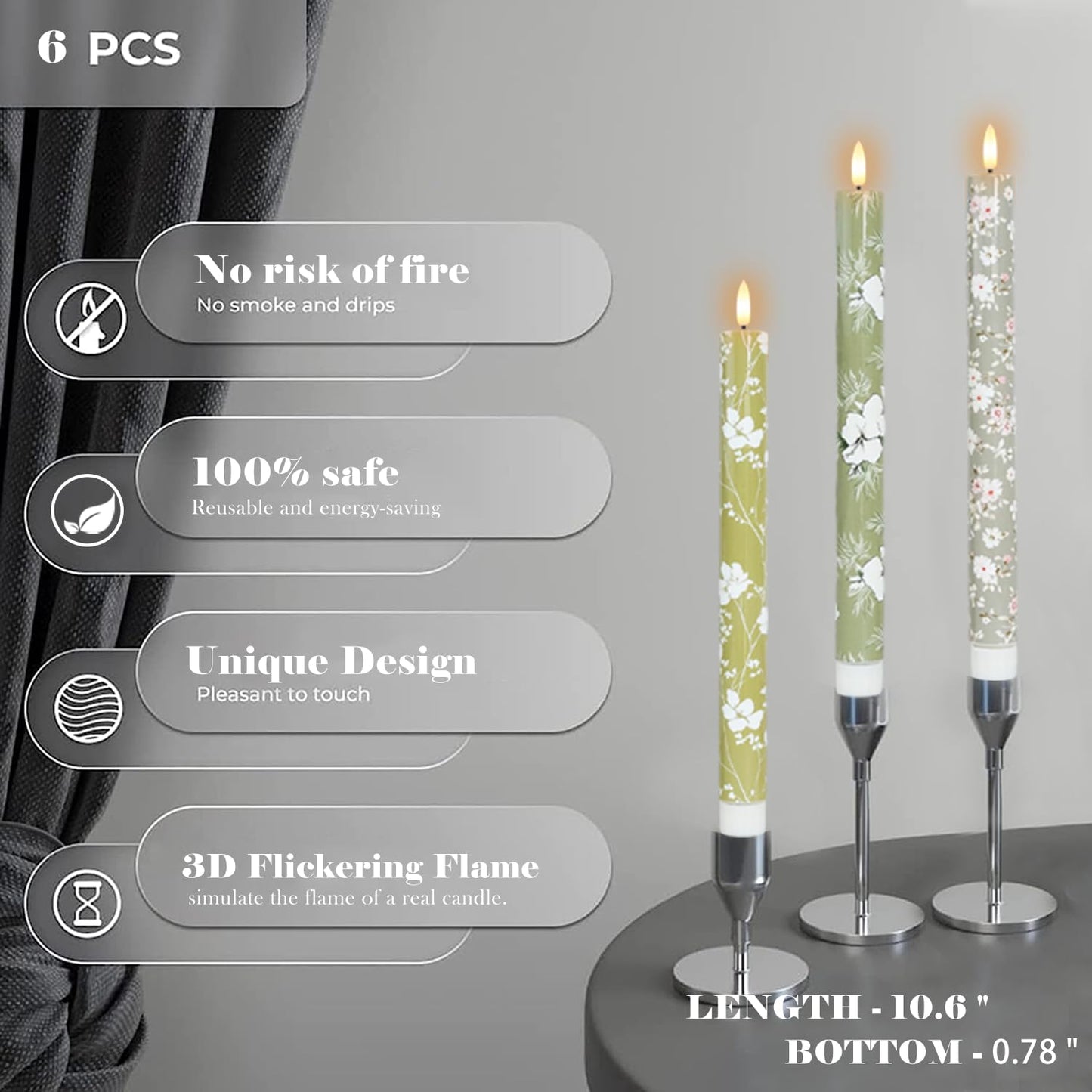 MAITREYA Green Flameless Taper Candles with 11-Key Remote Timer,LED Tall Candlesticks Battery Operated 3D Flickering Flame Lights for Christmas Decorations Home Table Centerpiece,10.6 Inch，6 Pcs