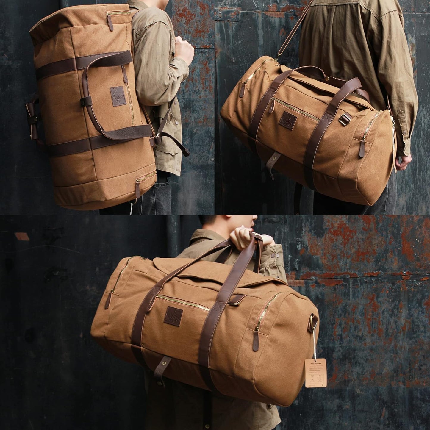 Densata 60L Travel Bags for Men, Nomad Canvas Duffle Bag Vintage Genuine Leather Travel Duffel Bag Multifunctional Weekender Overnight Backpack with Shoes Compartment (Coffee, X Large-60L)
