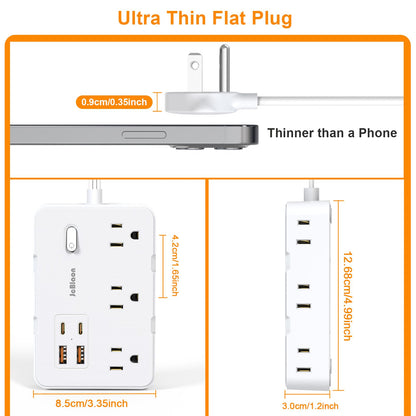 Flat Plug Power Strip Surge Protector, 5ft Ultra Thin Extension Cord with 4 USB Wall Charger(2 USB C Port), 6 Widely-Spaced Outlets Power Strip Compact for Travel, Office, Dorm Room Essentials (White)
