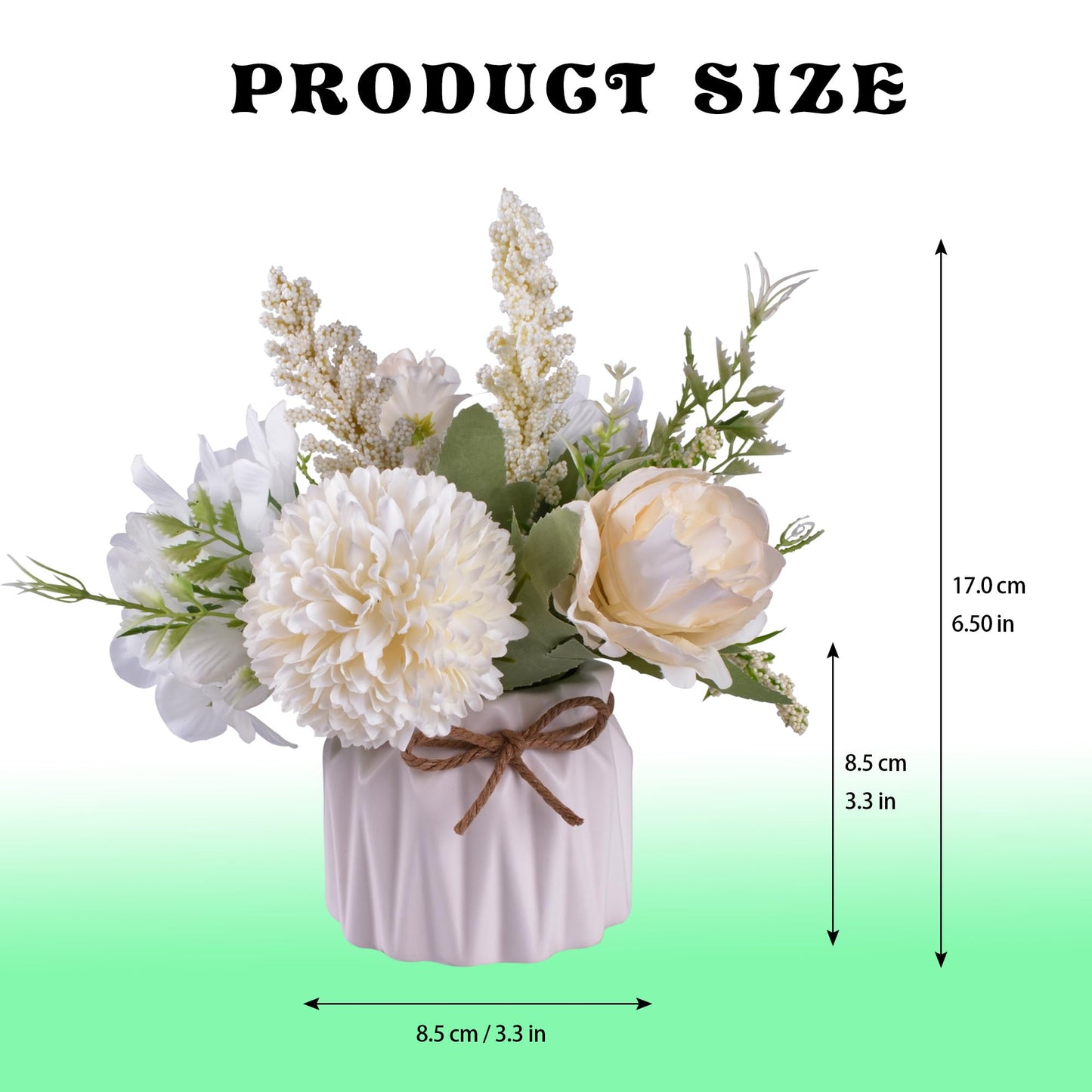 Artificial Potted Flowers White, Small Ceramic Vase Fake Flower Plants Desktop Decoration Indoor for Home and Office, Faux Flowers Hydrangea Decora for Table,Bookshelf,Bedroom,Living Room.(White)