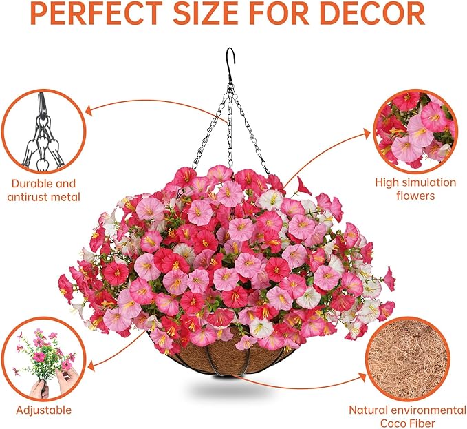 Florielle Artificial Hanging Faux Flowers Basket, Fake Silk Petunias Plants Arrangement,for Spring Summer Outdoor Decoration,UV Resistant, Morning Glorias,for Home Garden Decor (Dark Pink&White)