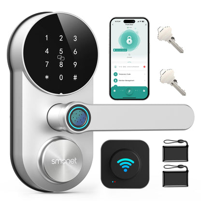 Smart WiFi Door Lock with Handle: SMONET Keyless Entry Lock with Fingerprint for Front Door Anti-peep Keypad Compatible with Alexa