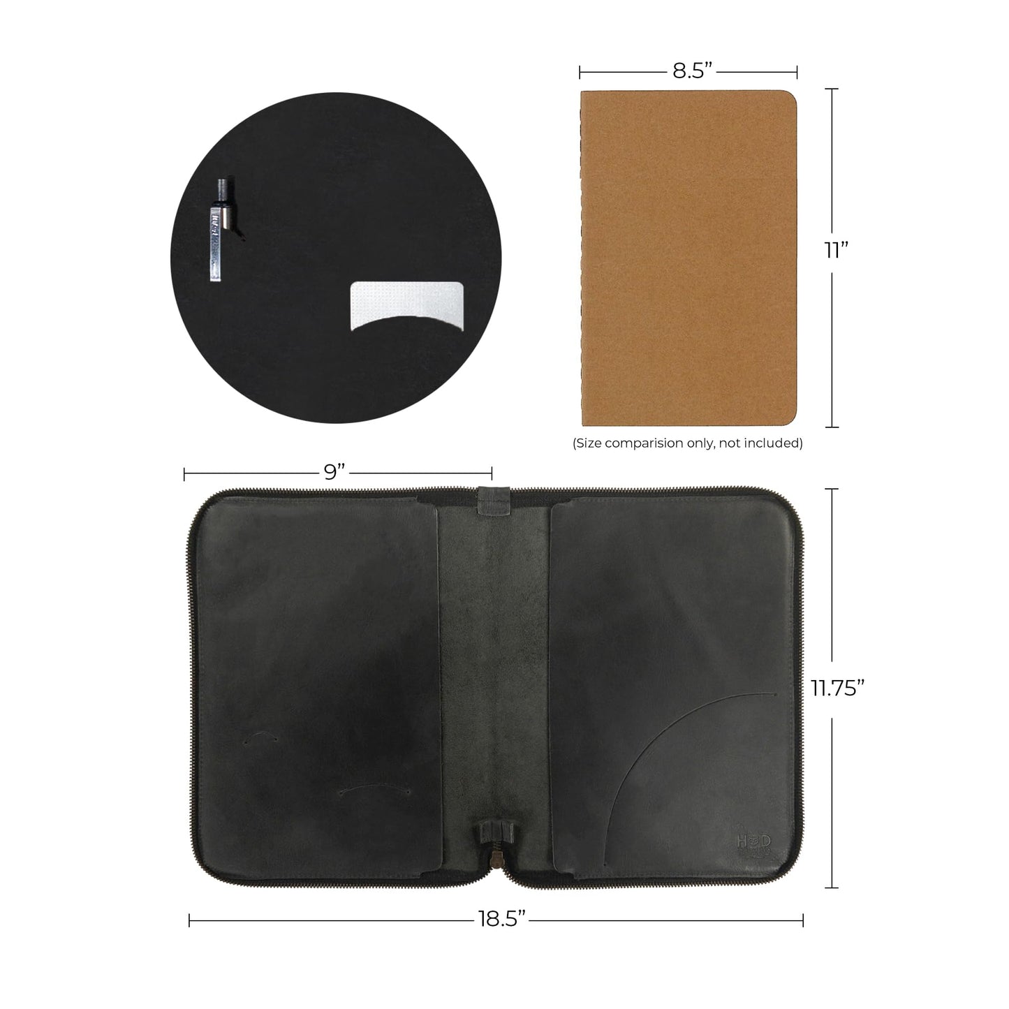 Hide & Drink, Zippered Journal Cover for Moleskine Notebook, XXL Size (8.5 x 11 in. Notebook NOT Included) Full Grain Leather, Handmade, Charcoal Black