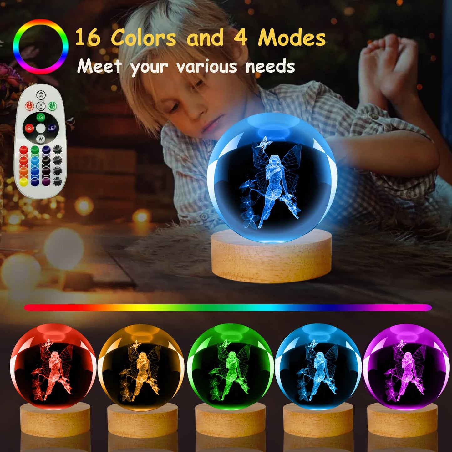 LINSINA 3D Butterfly Lamp, 3.15in 16 Colors Crystal Ball Night Light with Wooden Base and Remote Control, Birthday and Fairy Gifts for Women Men Kids (Fairy)