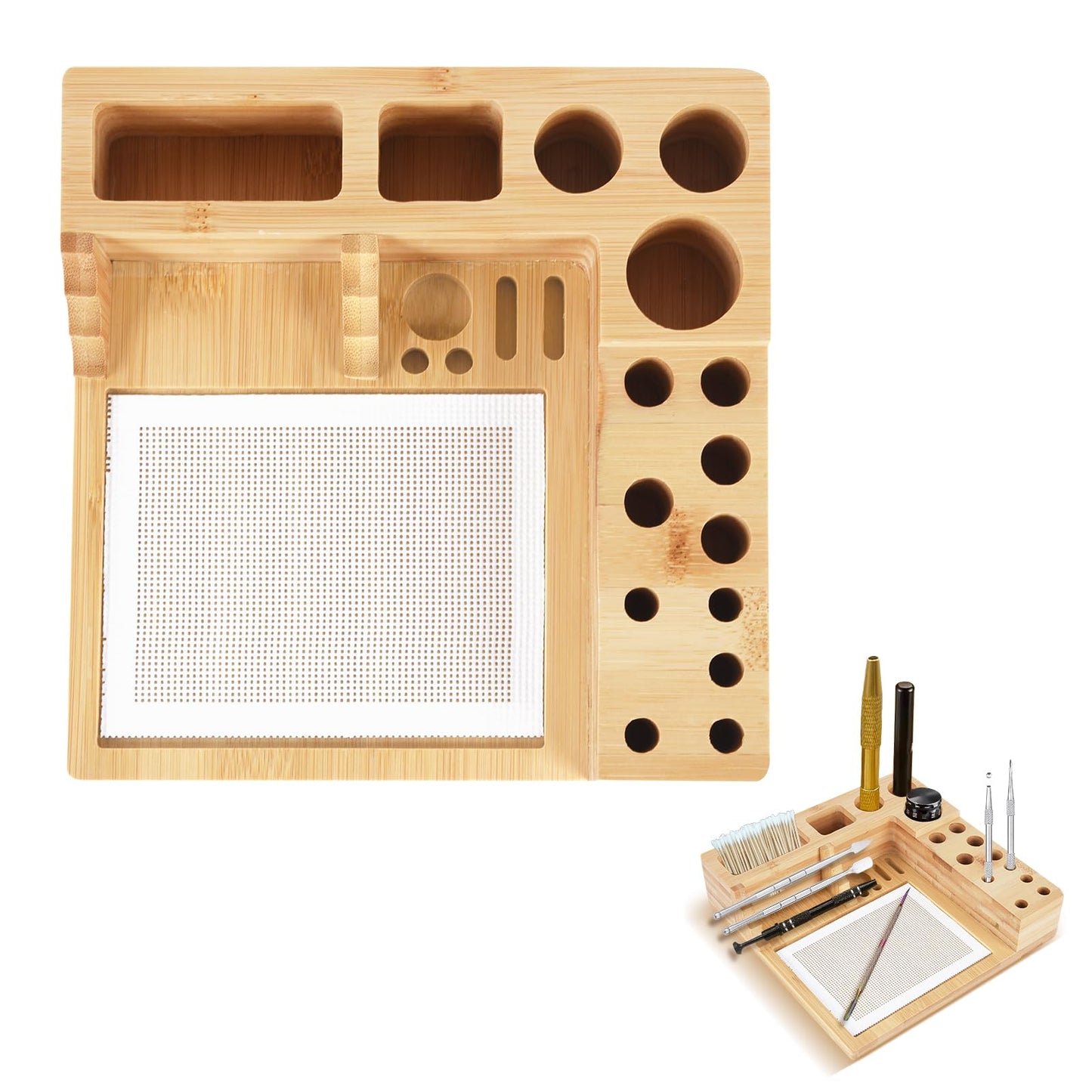 QVEEQ Wax Tool Station, Wax Carving Tool Organizer with Heat Resistant Non-Stick Silicone Pad for Storing Carving Tools, Cotton Swabs, Pens, Different Hole Brackets (Tools Not Included)