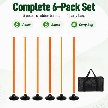 6 Pack Soccer Agility Training Poles, 5 FT Adjustable Speed and Agility Training Equipment for Football/Basketball/ Dog Practice, Bending Poles for Horses with Rubber Bases and Carry Bag (Orange)