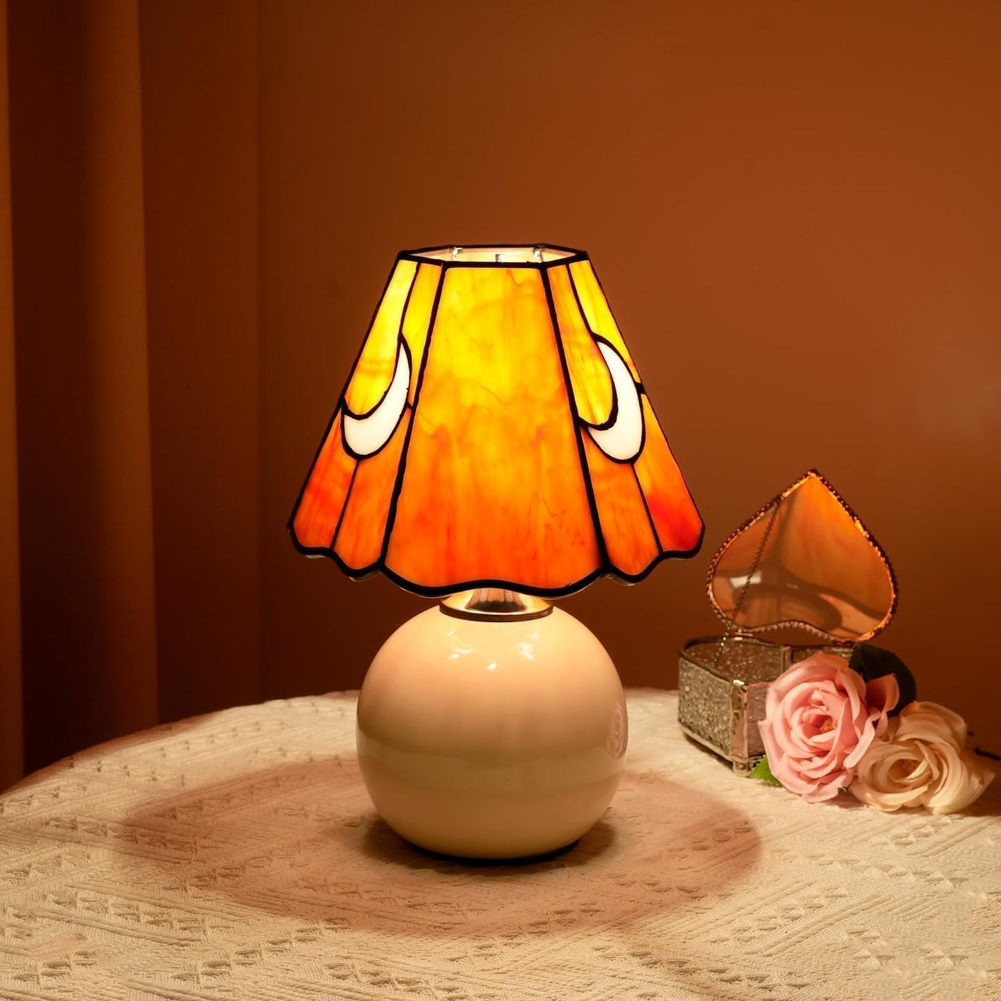 KIPHEPI Tiffany Style Bedside Table Lamp Stained Glass Moon Mushroom Lamp for Bedroom Small Nightstand Lamps for Home Decor Living Room Bedroom Study Nursery Dorm, Orange