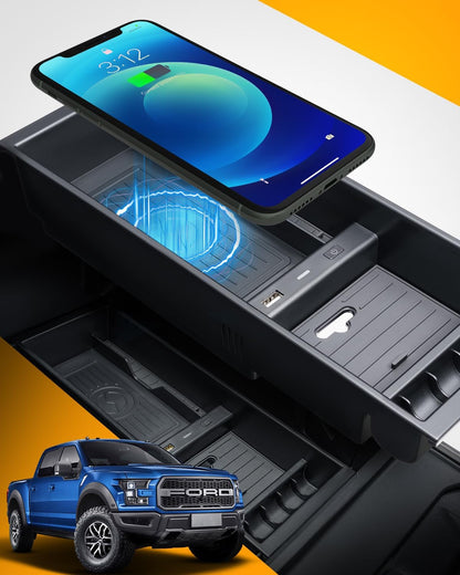 CarQiWireless Wireless Charger for F150 2009-2023 2024 2025, Center Console Organizer Box for Ford F150 Accessories F-150 2009-2014 2015 2016 2017 2018 2019 2020 2021 2022 2023 2024 2025