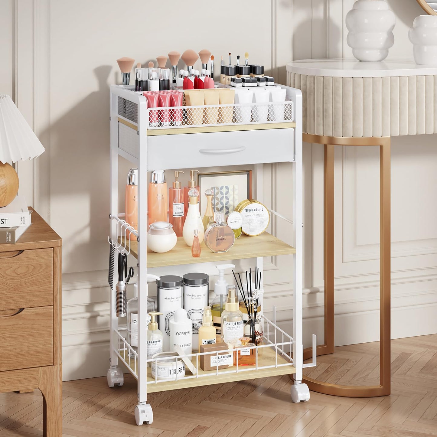 Homsorout 3 Tier Rolling Cart - Metal Utility Cart with Storage Drawer and Wheels, Versatile Art & Craft Organizer for Home, Office, or Studio Ideal for Storing Brushes, Paints, and Supplies White