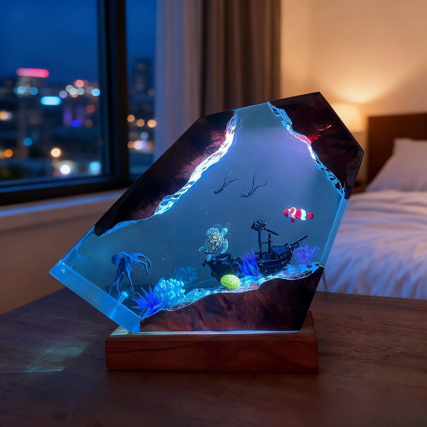 Ocean Resin Lamp – Marine Life Night Light with 16 Color LED, USB Powered Whale Shark & Turtle Desk Lamp with Wooden Base & Remote,Handmade Gift for Christmas, New Year