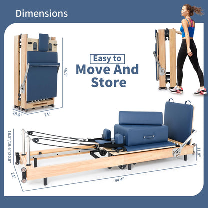 Foldable Pilates Reformer Machine, Oak Wood Pilates Equipment for Home Workouts and Studio Training, Reformer with Box, Jump Board, Foot Board and Accessories (Blue)