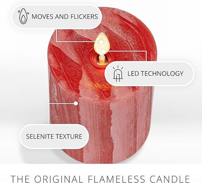 Luminara Selenite Looking Flameless Candle, Holiday Red 3" x 4.5", Battery Operated Real Wax Moving Flame LED Pillar w/Timer, Home Decor Unscented