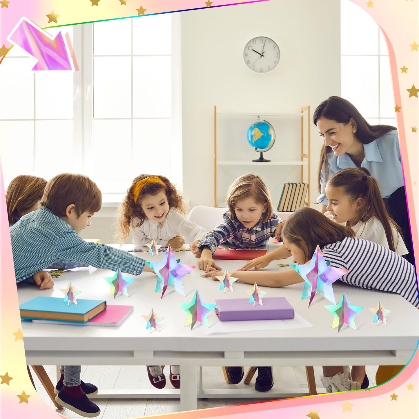 Sinload 45 Pcs 3D Glitter Iridescent Star Decorations 3 Sizes Holographic Star Standing Hanging Centerpieces for Back to School Disco Karaoke Music Wedding Mermaid Birthday Starry Movie Night Party