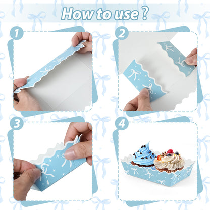 100 Pcs Blue Bow Paper Food Trays Blue Coquette Cookie Tray for Gift Giving Scalloped Food Serving Boat Disposable Trays for Serving Snack Bridesmaids Wedding Party Favors
