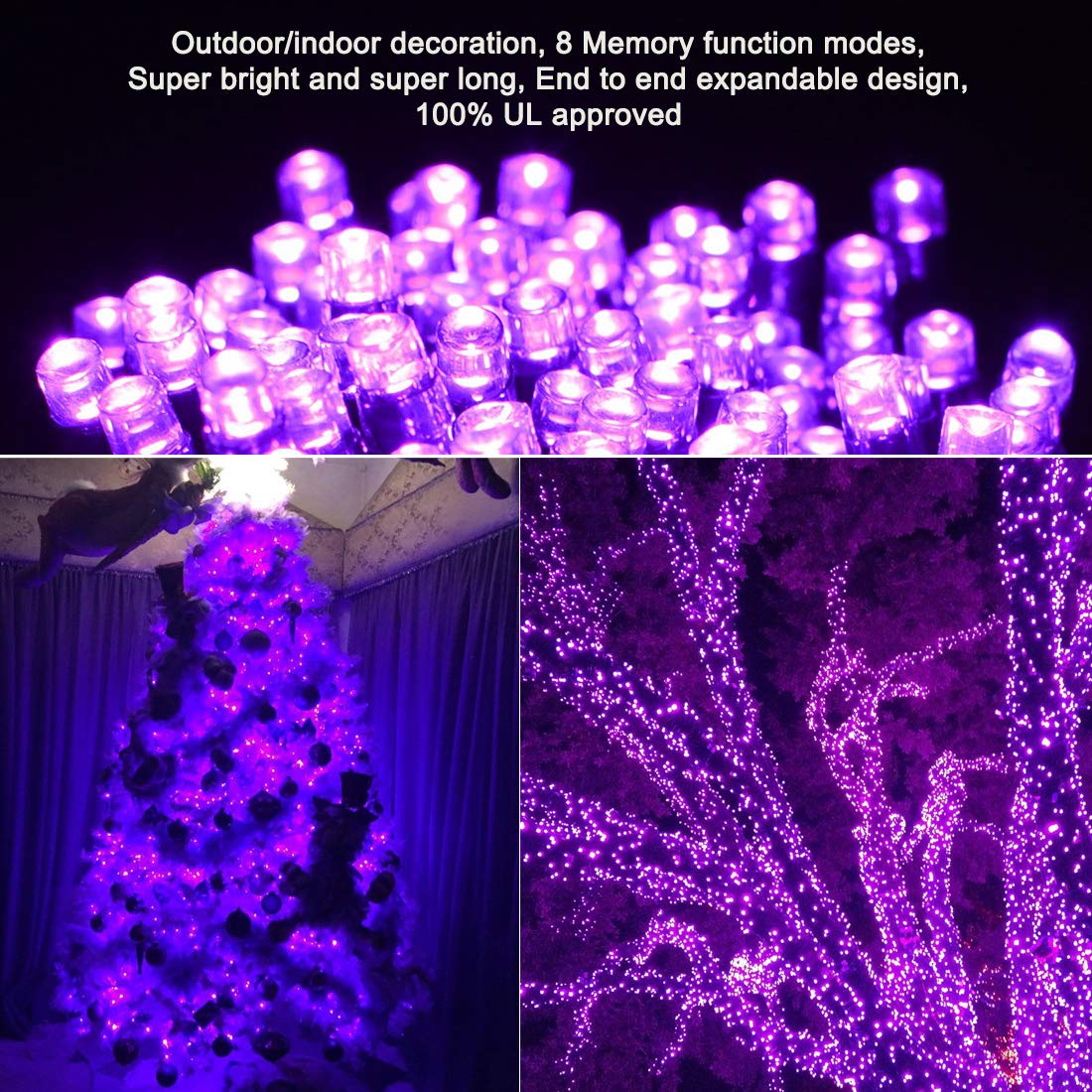 Christmas String Lights Purple Indoor - 220 LEDs 82ft/25m Memory Function 8 Modes End-to-End Plug in Outdoor Waterproof Decorative Inside/Outside Fairy Twinkle Xmas Tree Light for Halloween/Patio/Home