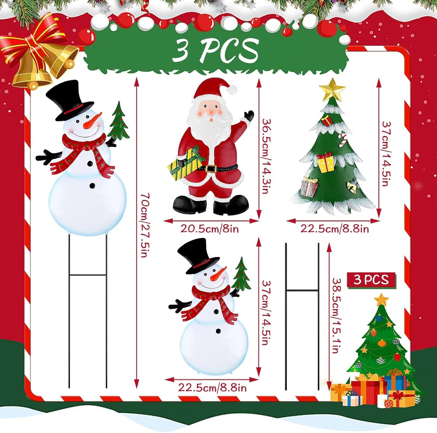 DETENE 3 Pcs Christmas Decorative Metal Stakes Outdoor Christmas Decor Metal Xmas Snowman Santa Claus Tree Yard Decorations for Garden Lawn Yard Signs