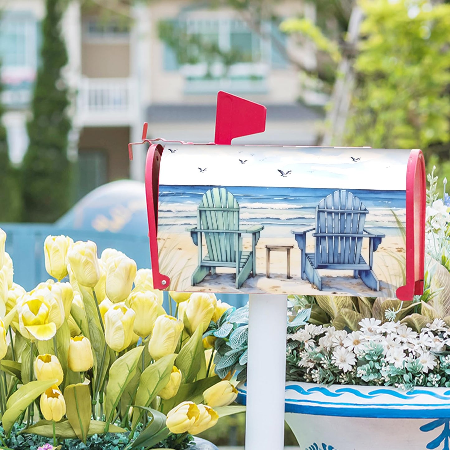 Summer Beach Life Nautical Coastal Theme Mailbox Covers - Magnetic, Standard Size 21x18 Inch, Blue Ocean Seagull, Waterproof, Garden Yard Outdoor Decor
