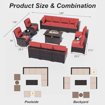 ALAULM 13 Pieces Patio Furniture Set with 2 Swivel Chairs Patio Furniture Outdoor Sectional Sofas with 55000 Gas Fire Pit Patio Conversation Set w/10 Cushions-Red