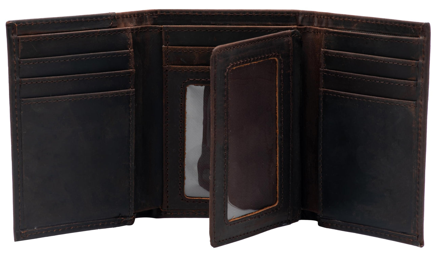 WULOUJIE Mens large-capacity Trifold wallet with 2 ID Window，Genuine Leather RFID Blocking 11 card slots Wallet for Men (Dark brown)