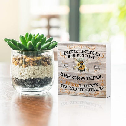 Inspirational Bee Decorations Wooden Box Sign, Vintage Bee Decor, Rustic Farmhouse Home Living Room Desk Table Shelf Decor Decorations, Motivational Positive Affirmations Wood Block Plaque