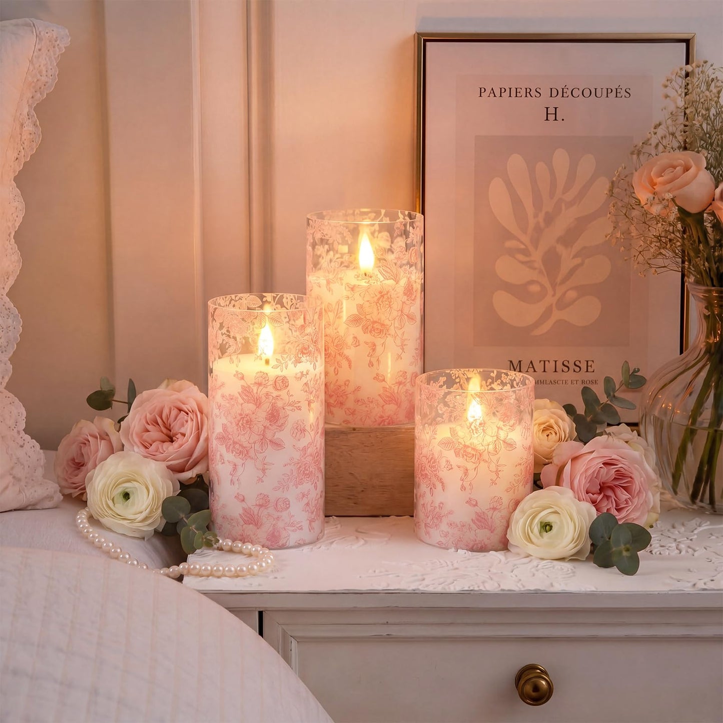 Lewtemi 3 Pcs Flameless Candles with Remote Pink Flower Flickering LED Candles Electric Pillar Candle for Wedding Dinner Christmas Holiday Decor (3 x 4" 5" 6" )